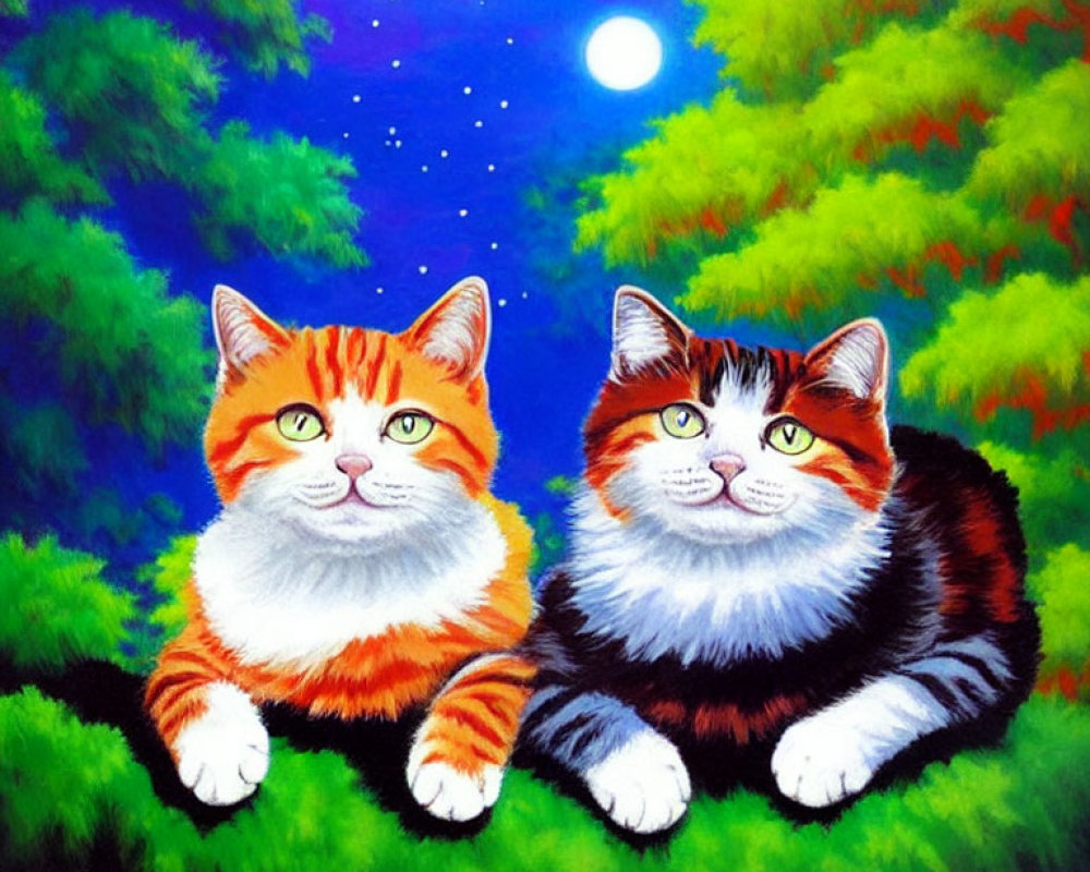 Wide-eyed cartoon cats in grassy area under starry night sky.