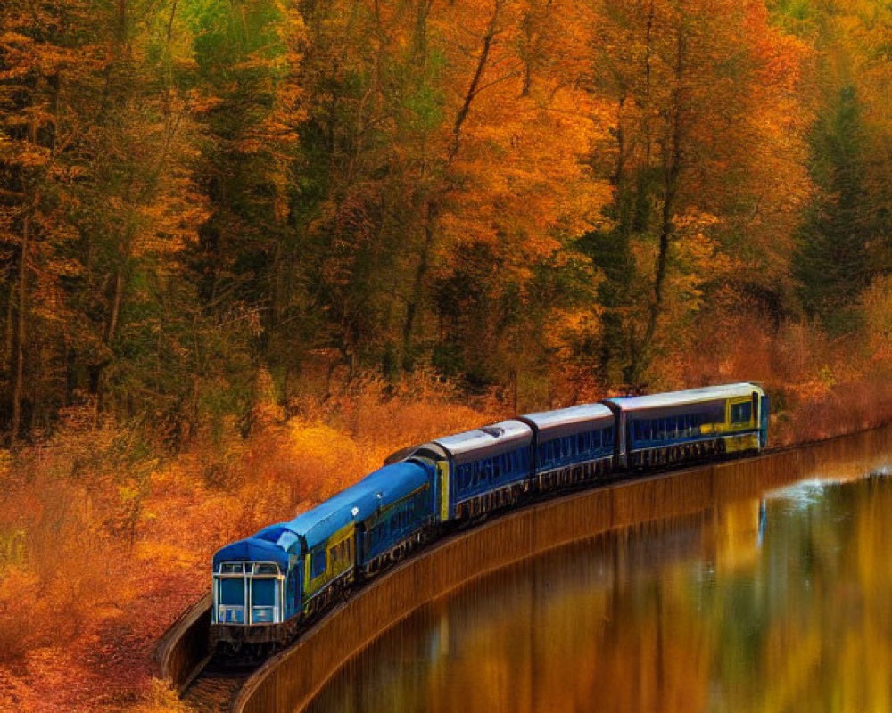 Train Curving Along Lakeside Track in Autumn Foliage