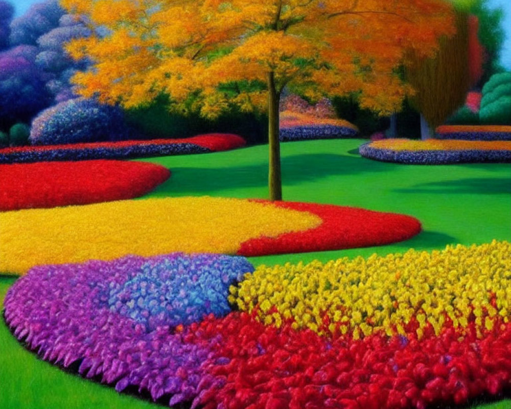 Colorful Flower Garden Painting with Autumn Tree
