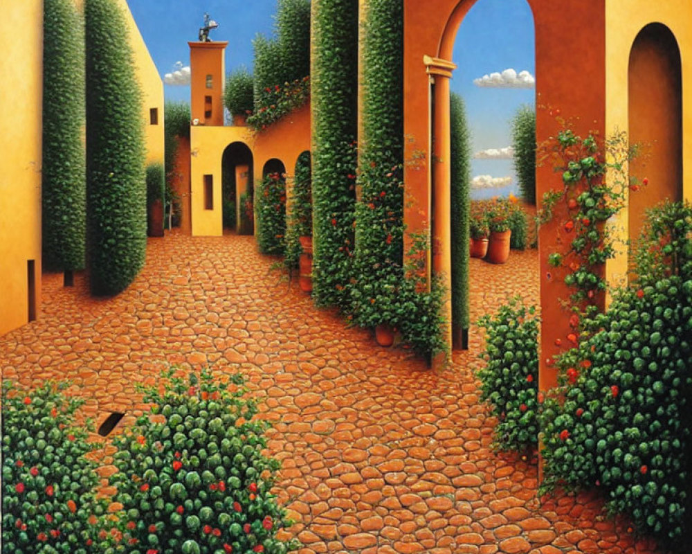 Cobblestone courtyard with green hedges, potted plants, orange walls, blue sky.