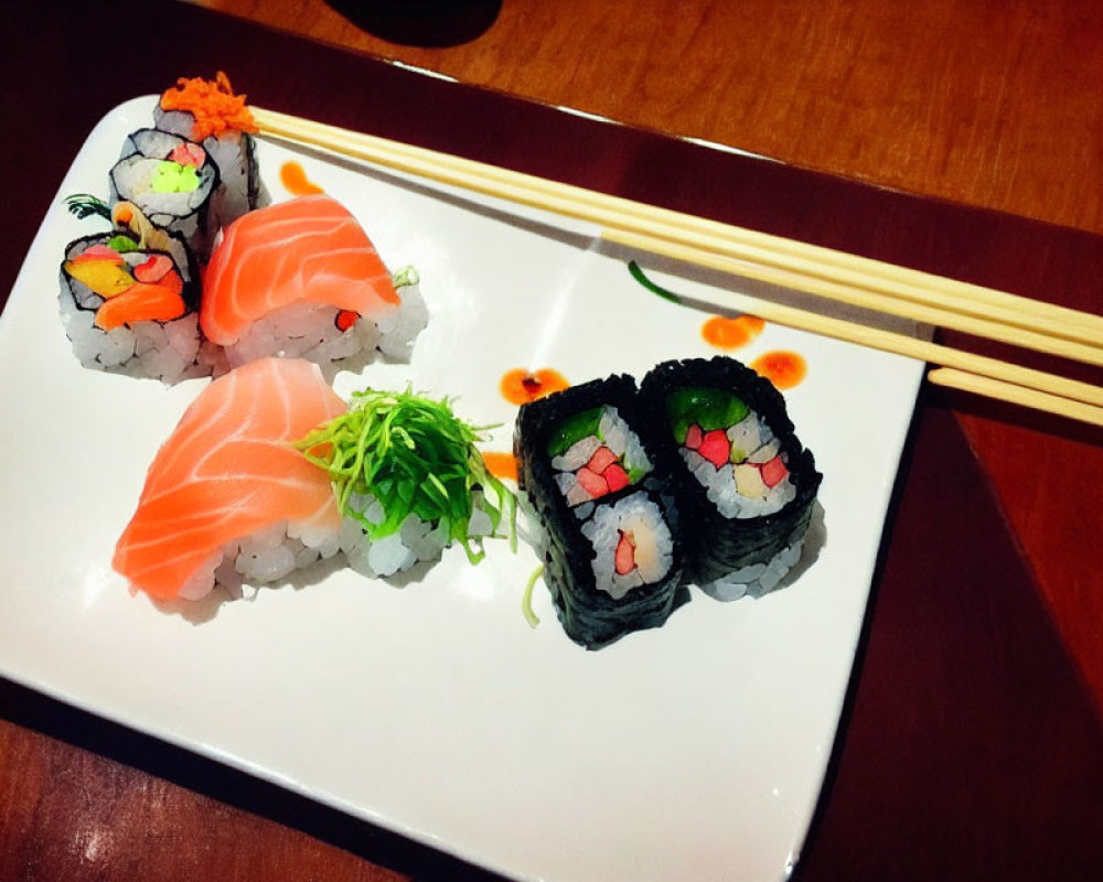 Assorted sushi types on white plate with chopsticks, garnish & sauce