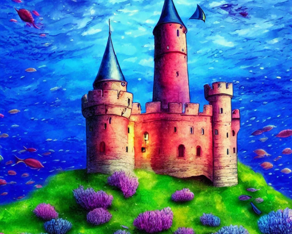 Vibrant whimsical castle with tall spires on grassy knoll under starry sky and