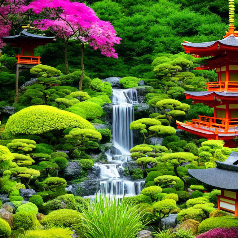 Colorful garden with waterfall, greenery, purple tree, and red pagoda