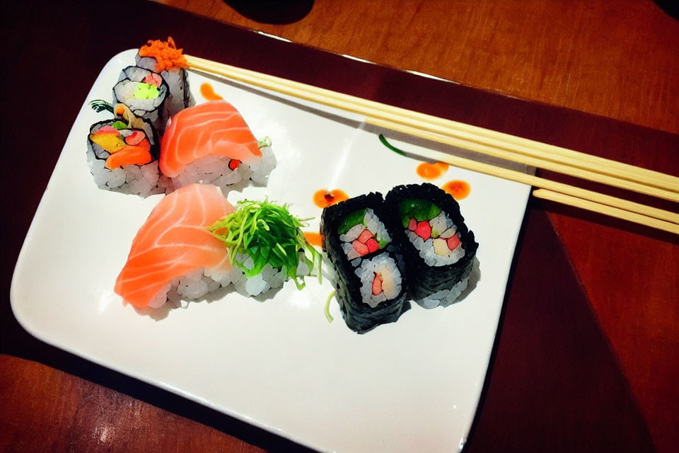 Assorted sushi types on white plate with chopsticks, garnish & sauce