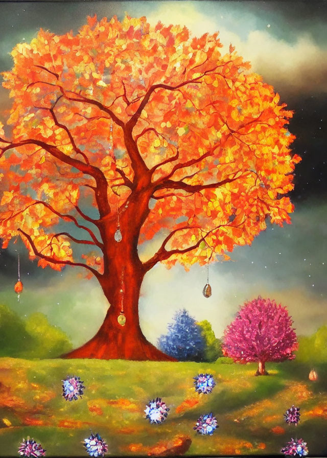 Colorful painting of fiery orange tree with lanterns, lush landscape, and pinkish tree