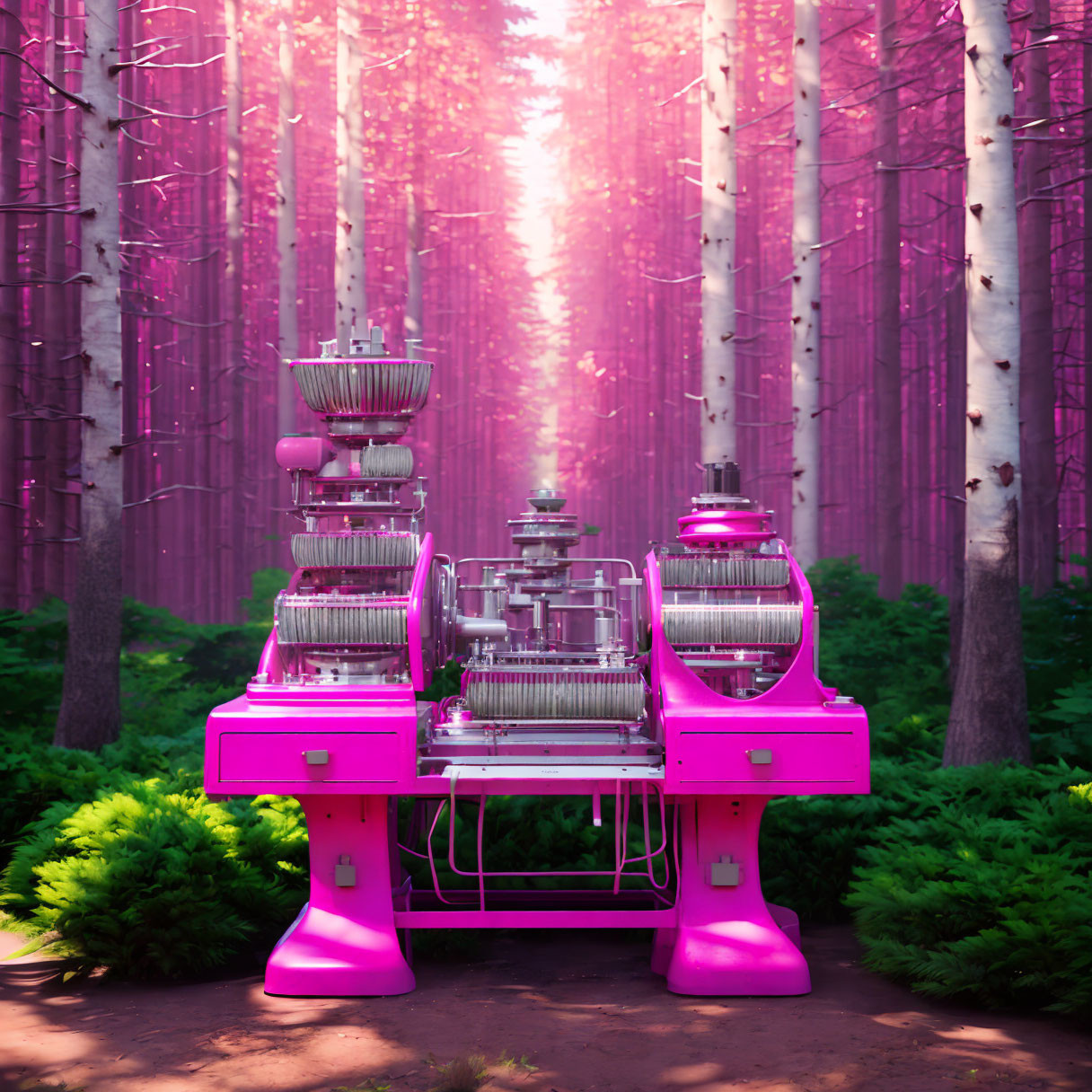 Pink industrial machine in misty forest with tall trees and sunlight.