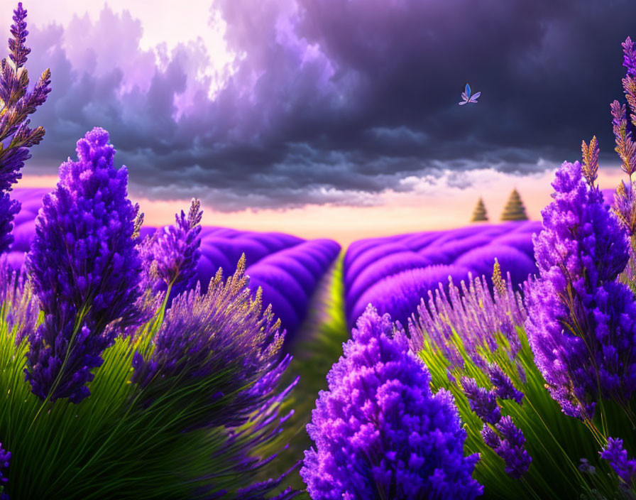 Vibrant lavender fields at sunset with a flying butterfly