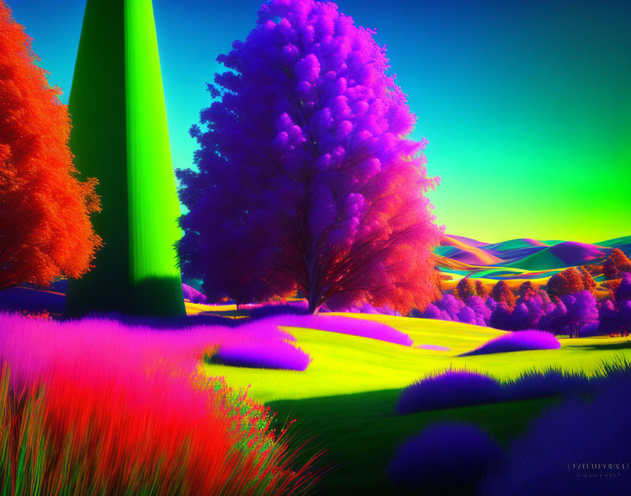 Colorful Neon Landscape with Purple Tree, Red Bushes, Green Monolith, and Multicolored