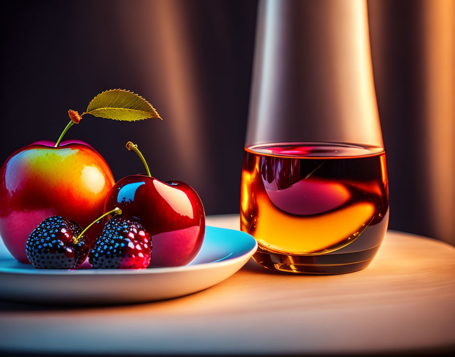 Amber Liquid Glass with Fruits in Warm Lighting