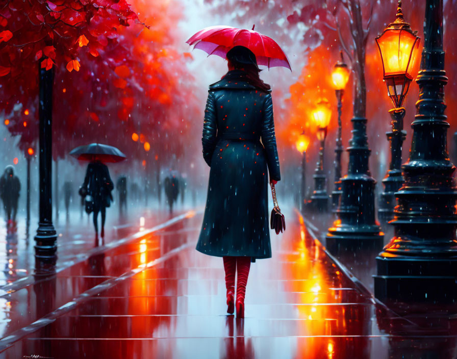 Person with red umbrella walking in rain under autumn trees