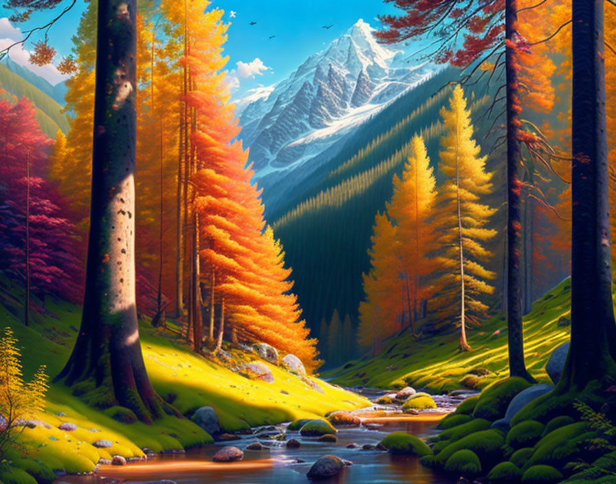 Tranquil autumn forest with river, moss-covered rocks, and snowy mountain