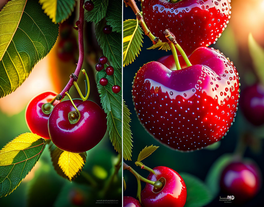 Fresh Red Cherries with Water Droplets on Sunlit Branch