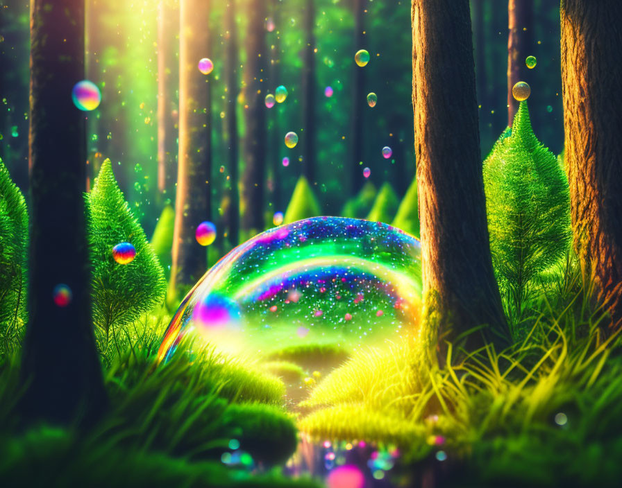 Lush forest setting with shimmering soap bubble and sparkling particles