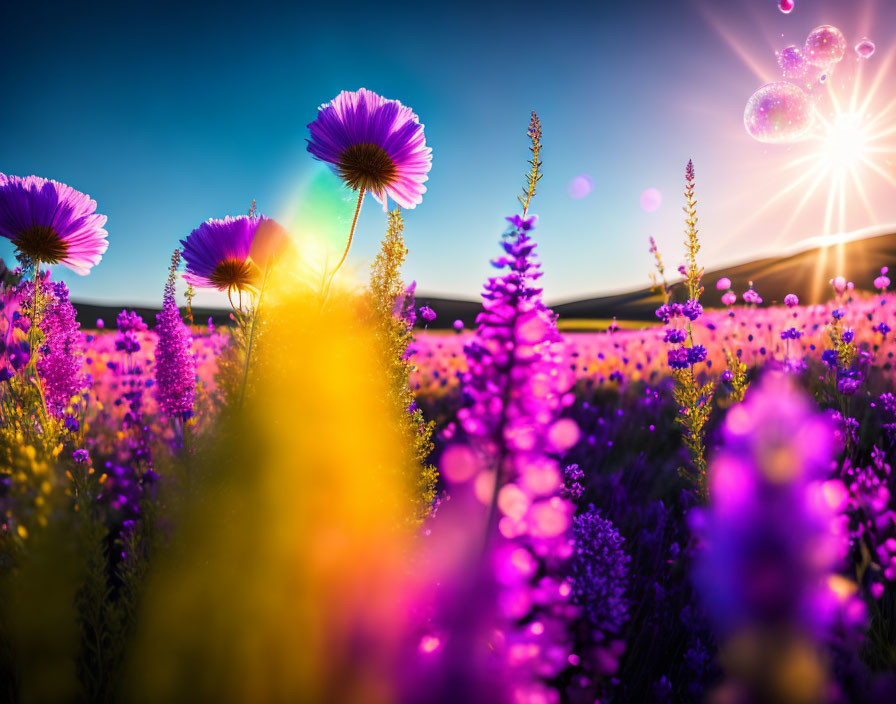 Colorful sunset lens flare over vibrant field flowers
