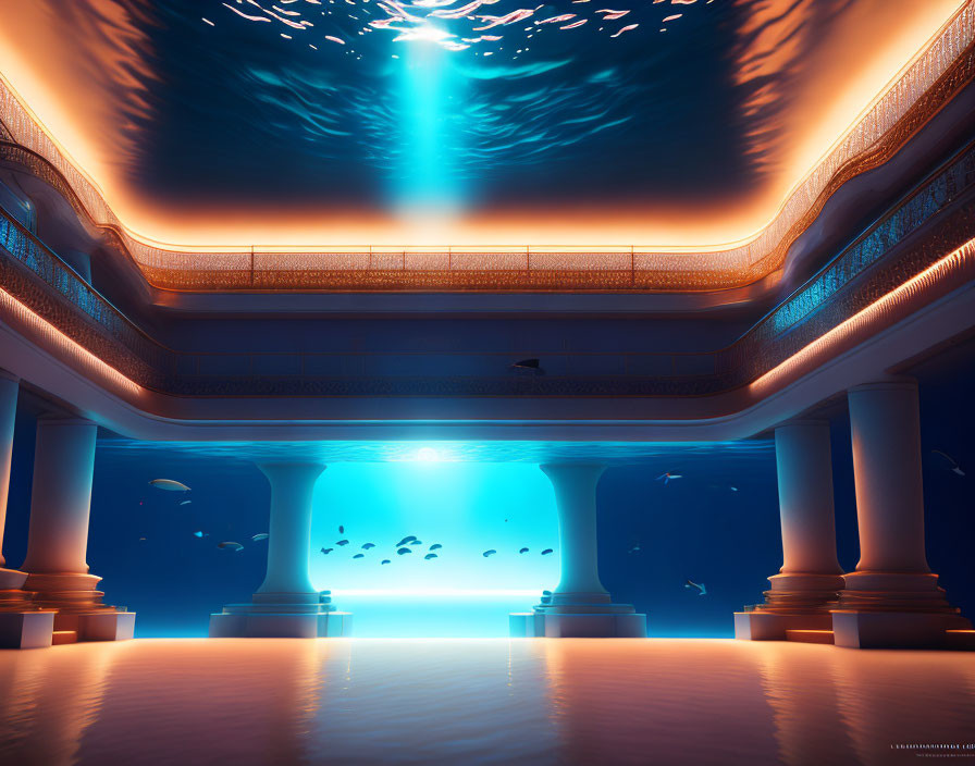 Underwater room with ocean view, illuminated by natural light, tall columns, swimming fish