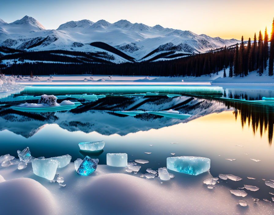 Tranquil winter landscape with blue ice, reflective lake, and snow-covered mountains at sunrise or sunset