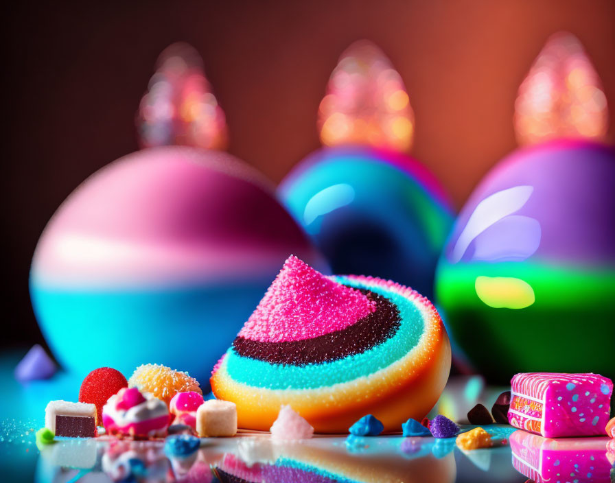 Vibrant candies and sweet treats with glittering party hats on warm backdrop