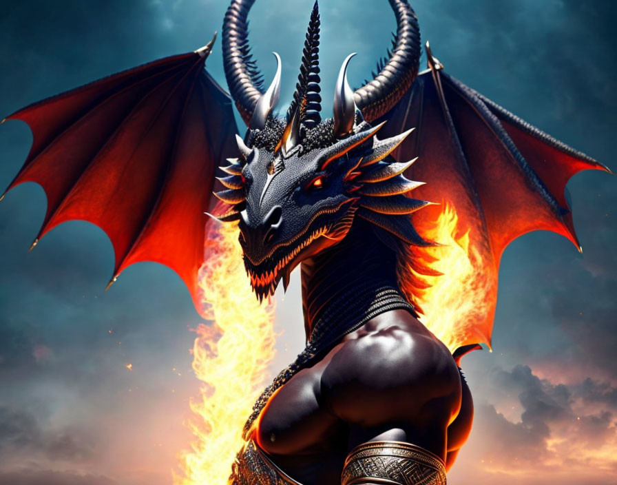 Dark-scaled dragon with red wings breathing fire in cloudy sky
