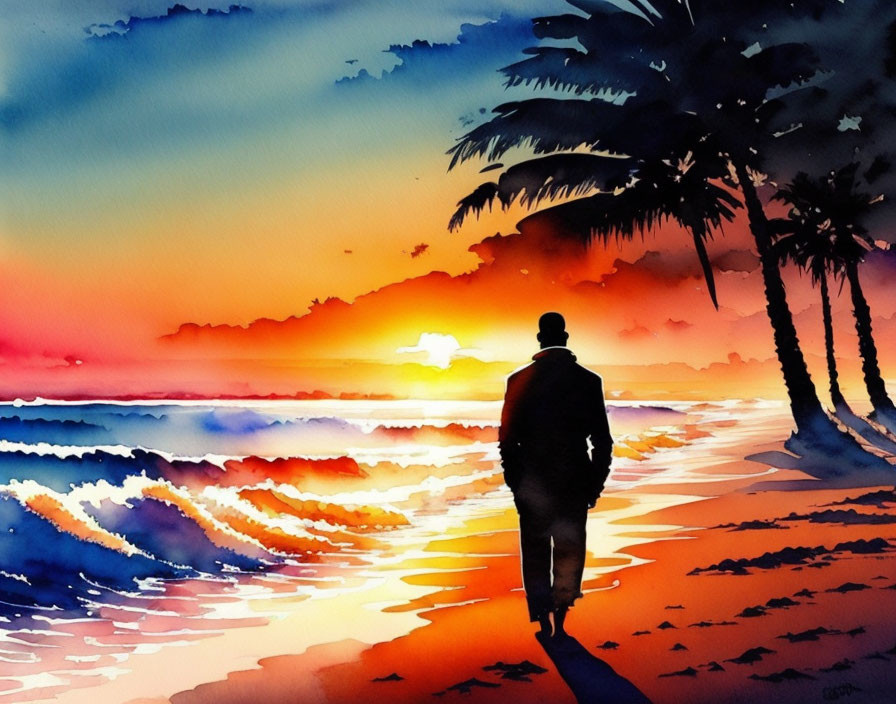 Vivid Sunset Beach Watercolor Painting