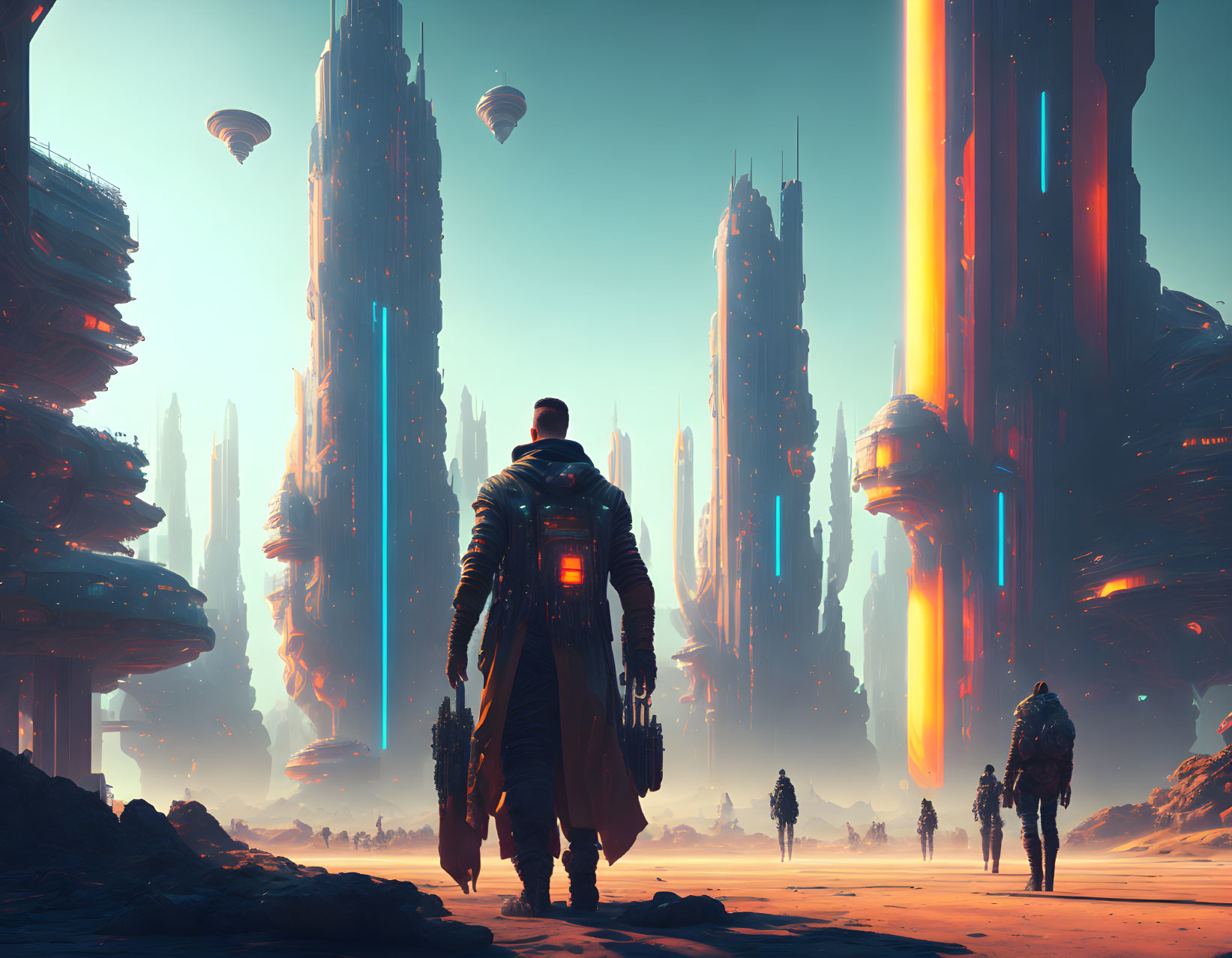Futuristic outfit person views alien landscape with towering structures and flying vehicles.