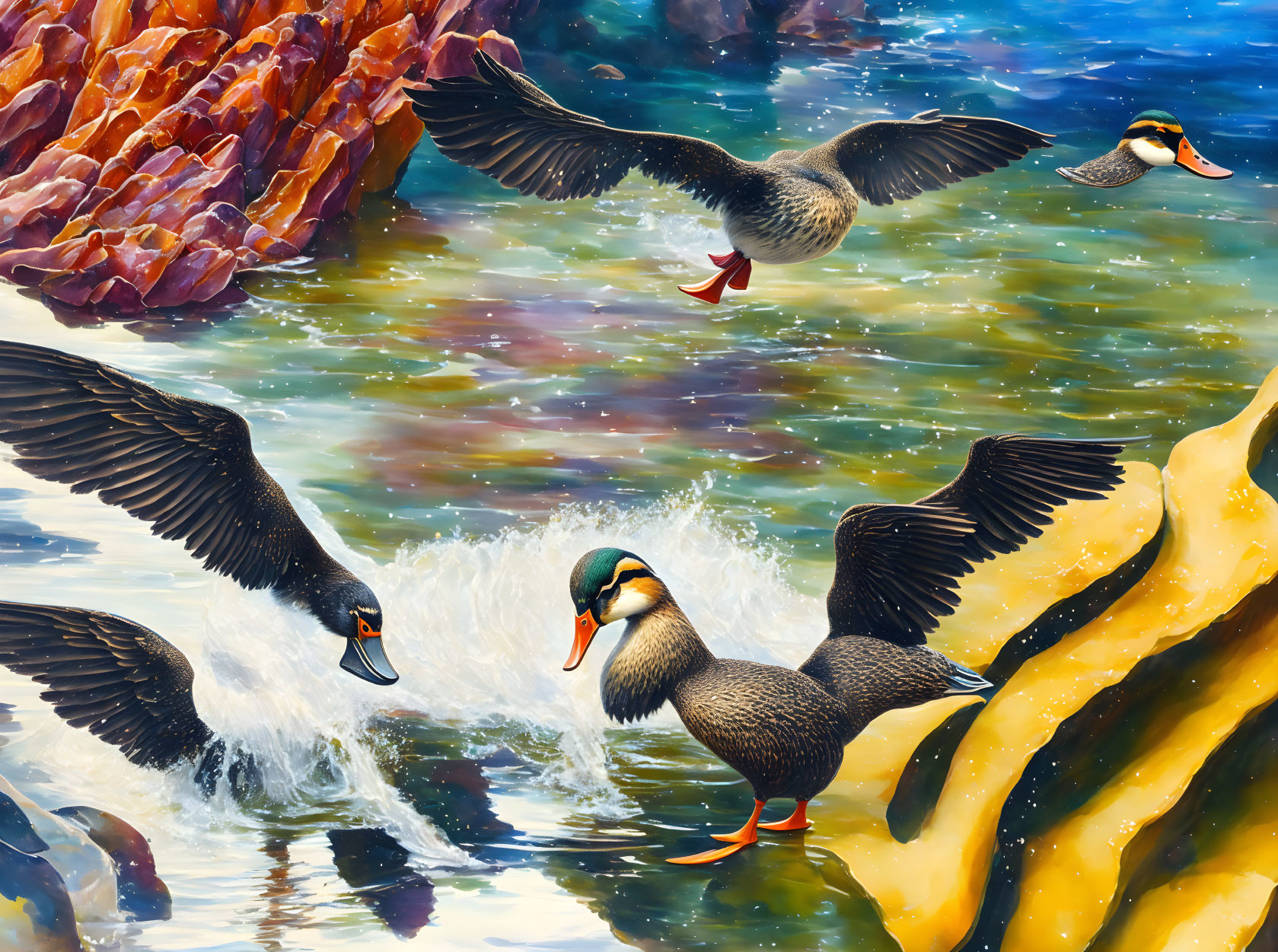 Four ducks flying over coastal landscape with rocky shores.