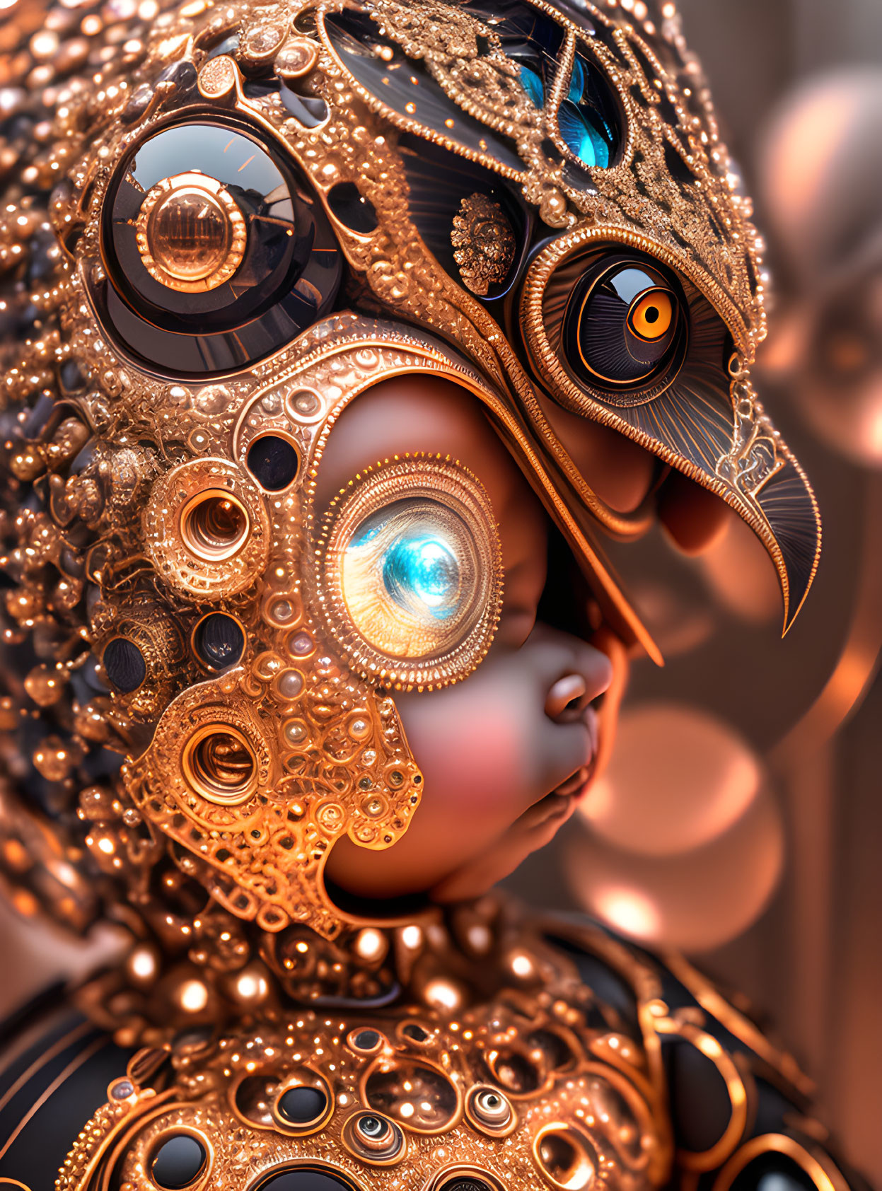 Intricate golden gears and jewel-like details on mechanical figure