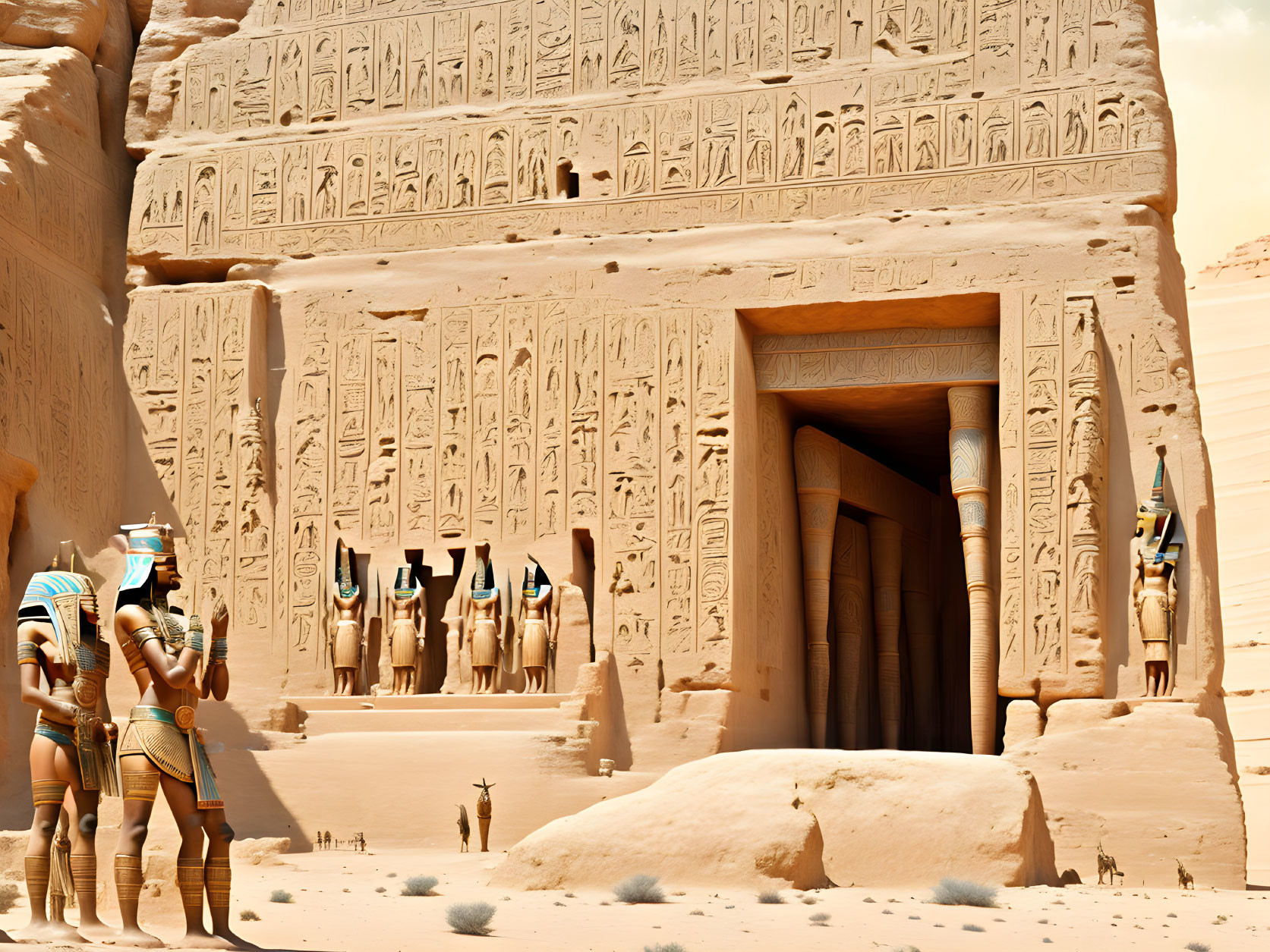 Ancient Egyptian temple with hieroglyphs, statues, and figures