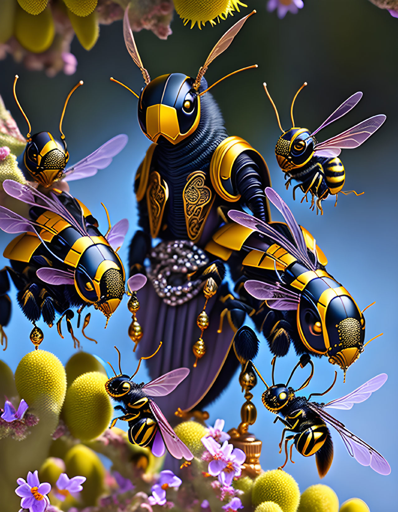 Stylized digital bees with golden patterns flying around yellow flowers on blue background
