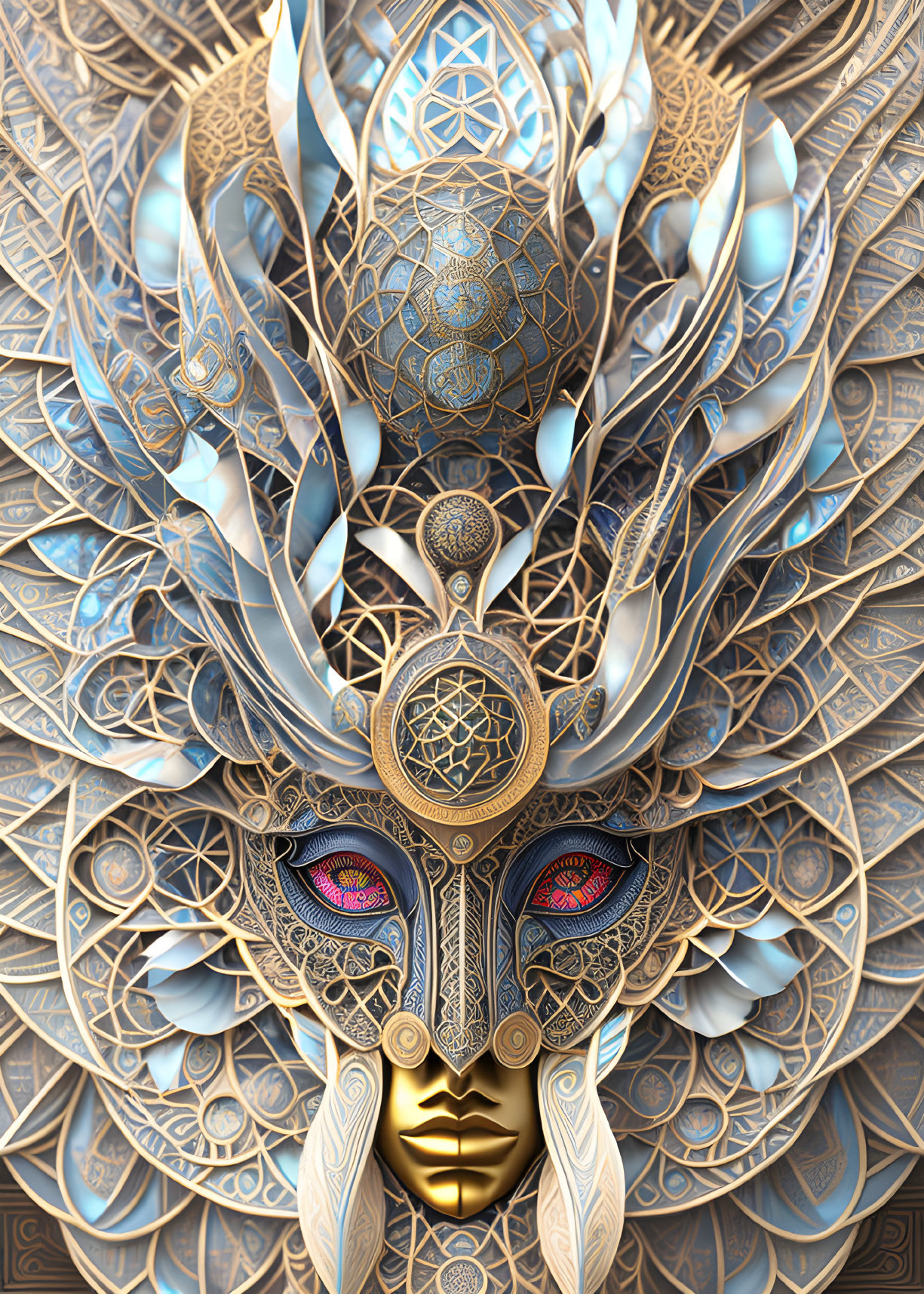 Symmetrical golden mask with blue feathers on intricate digital artwork