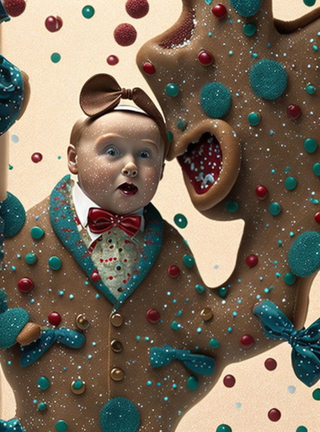 Surreal baby head on gingerbread figure with candy decorations
