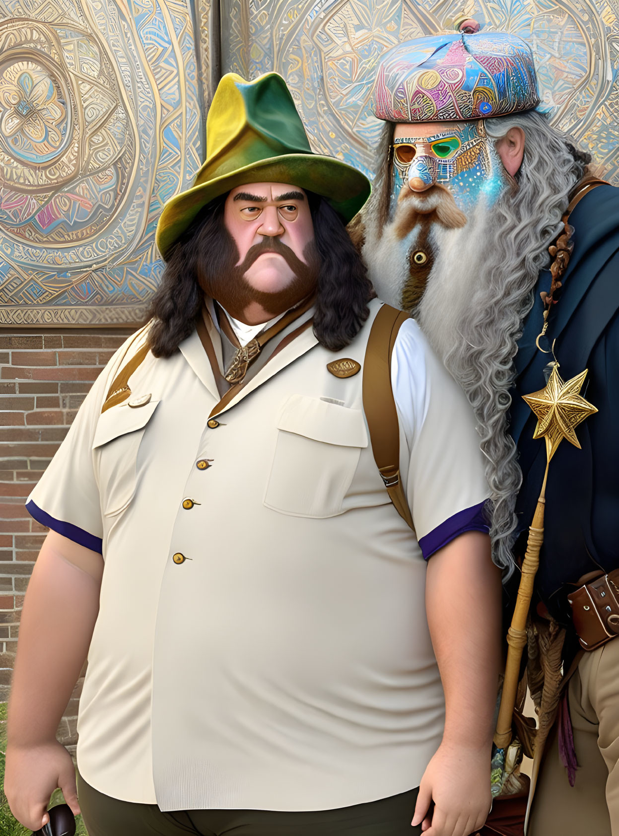 Animated male characters with green hat and badge next to character with long white beard and star-shaped badge.