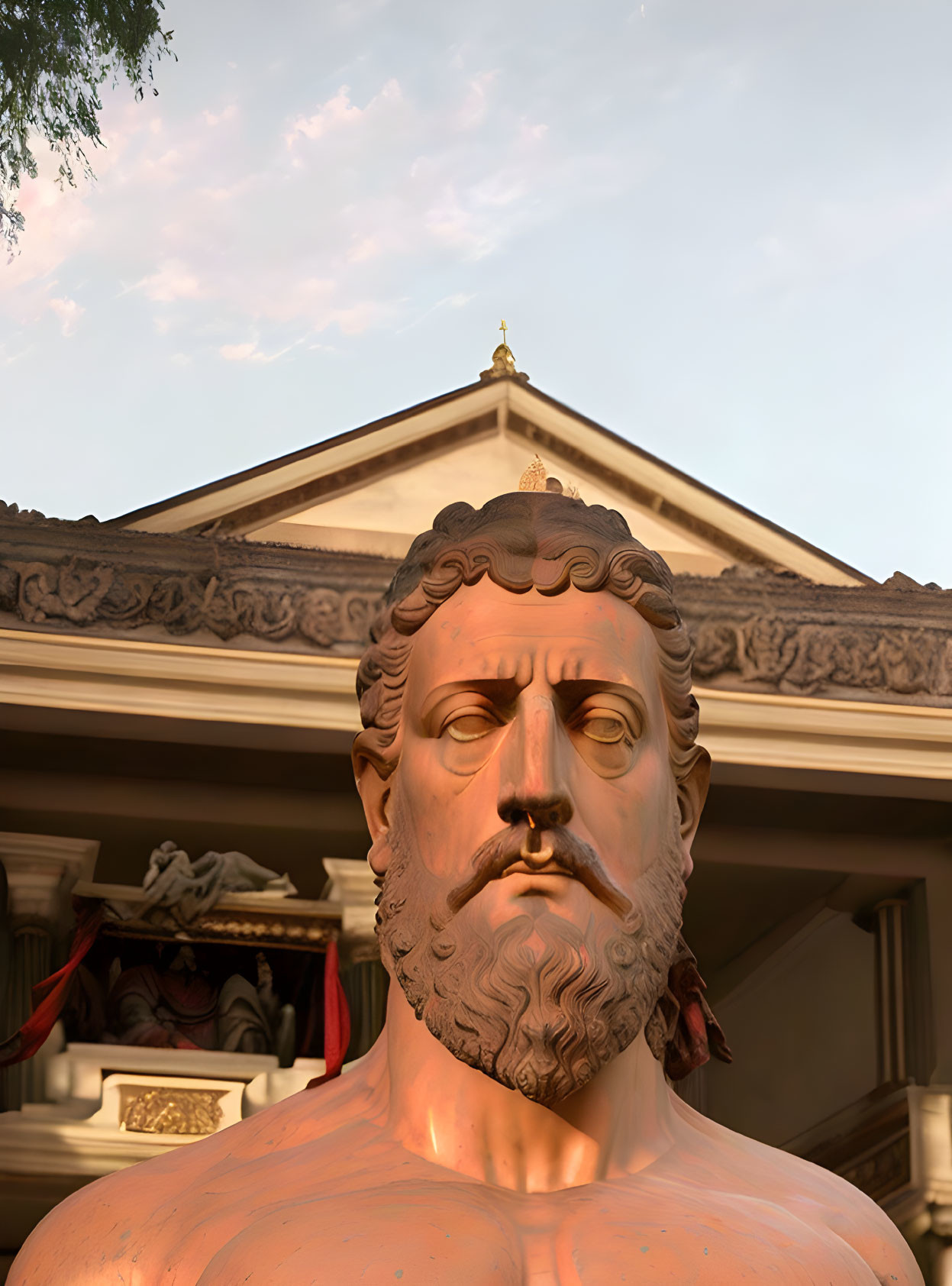 Large Bearded Man Bust Against Classical Building