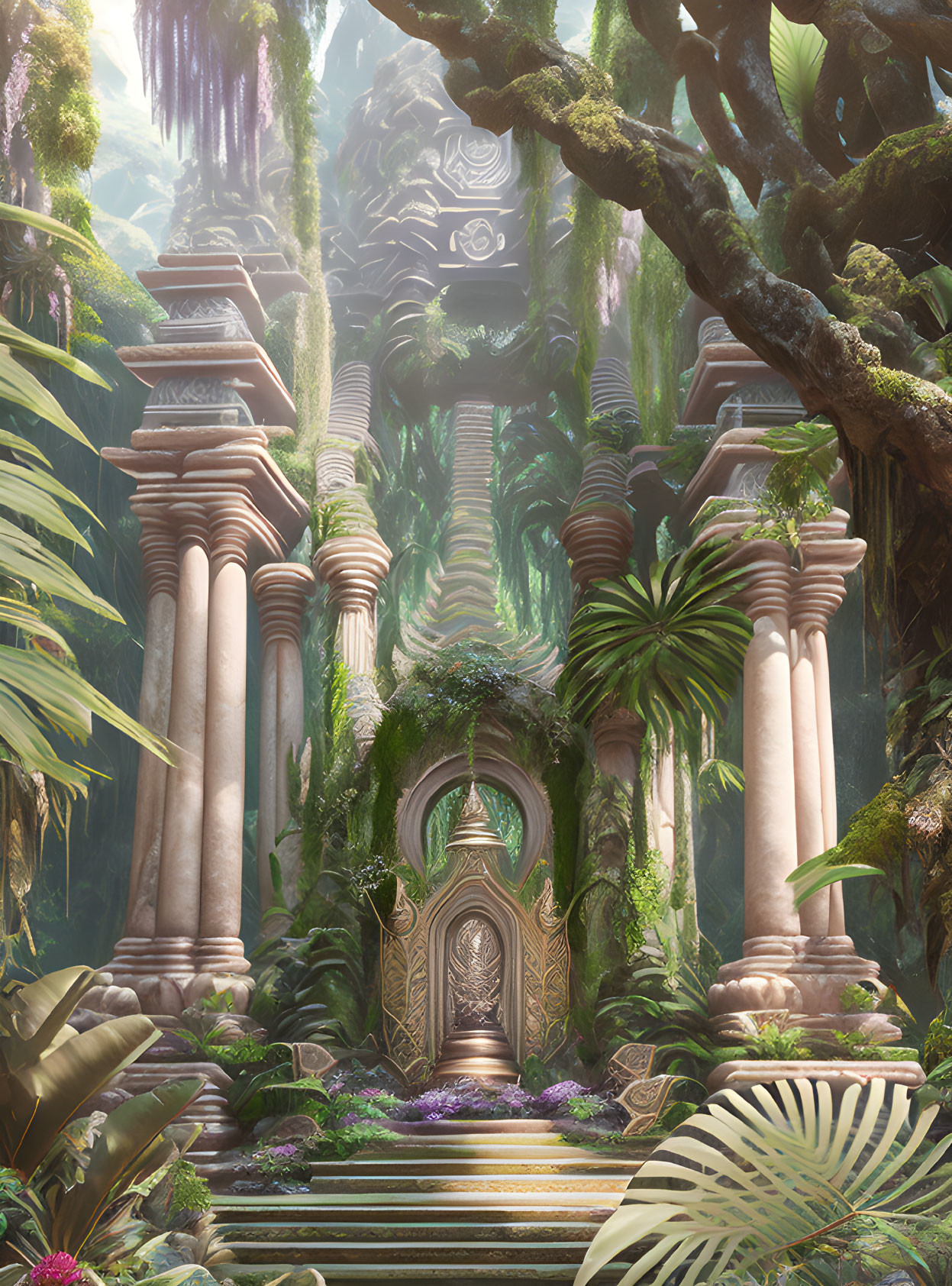 Overgrown ancient jungle temple with mystical columns