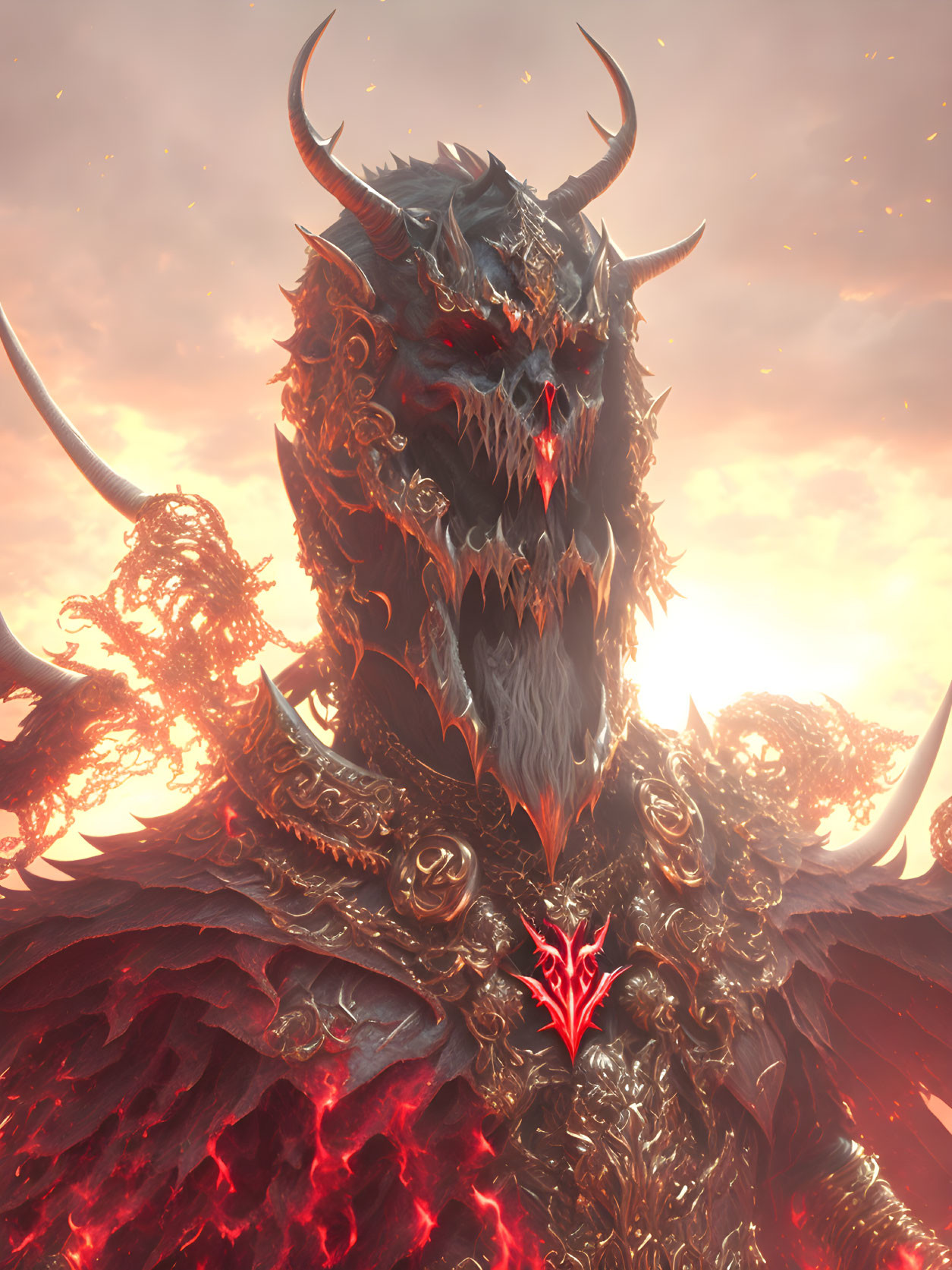 Majestic fantasy creature with horns and red eyes in fiery armor landscape