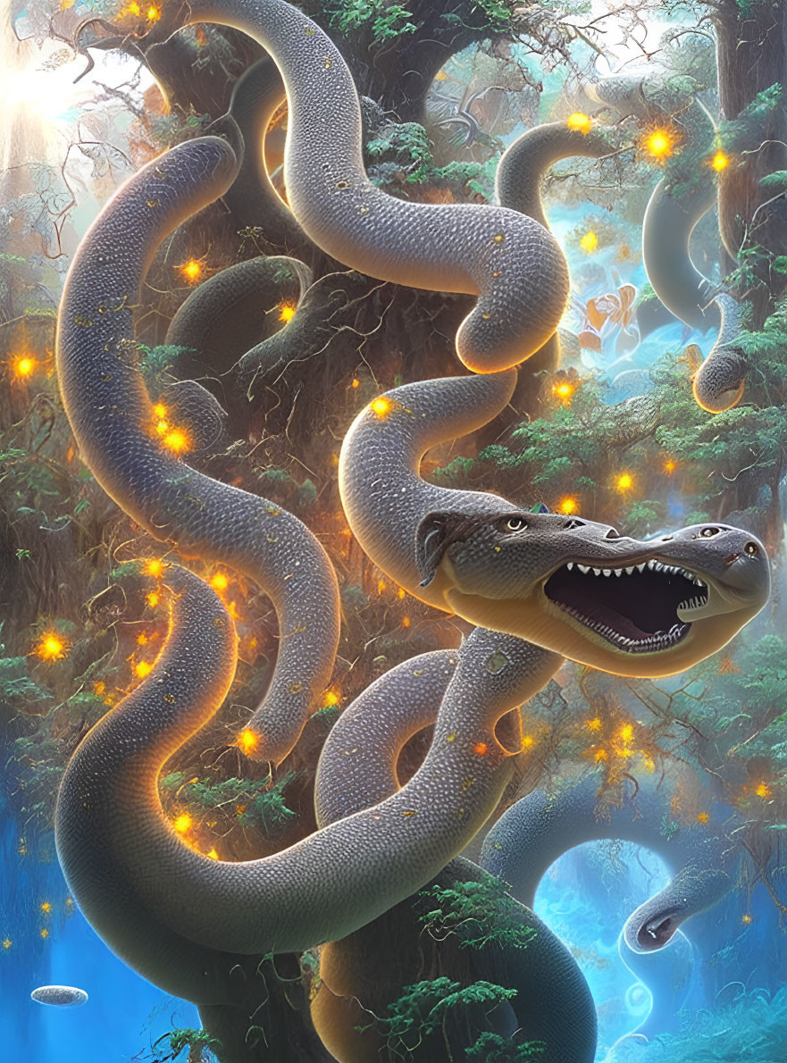 Giant serpent in enchanted forest with orbs and mist