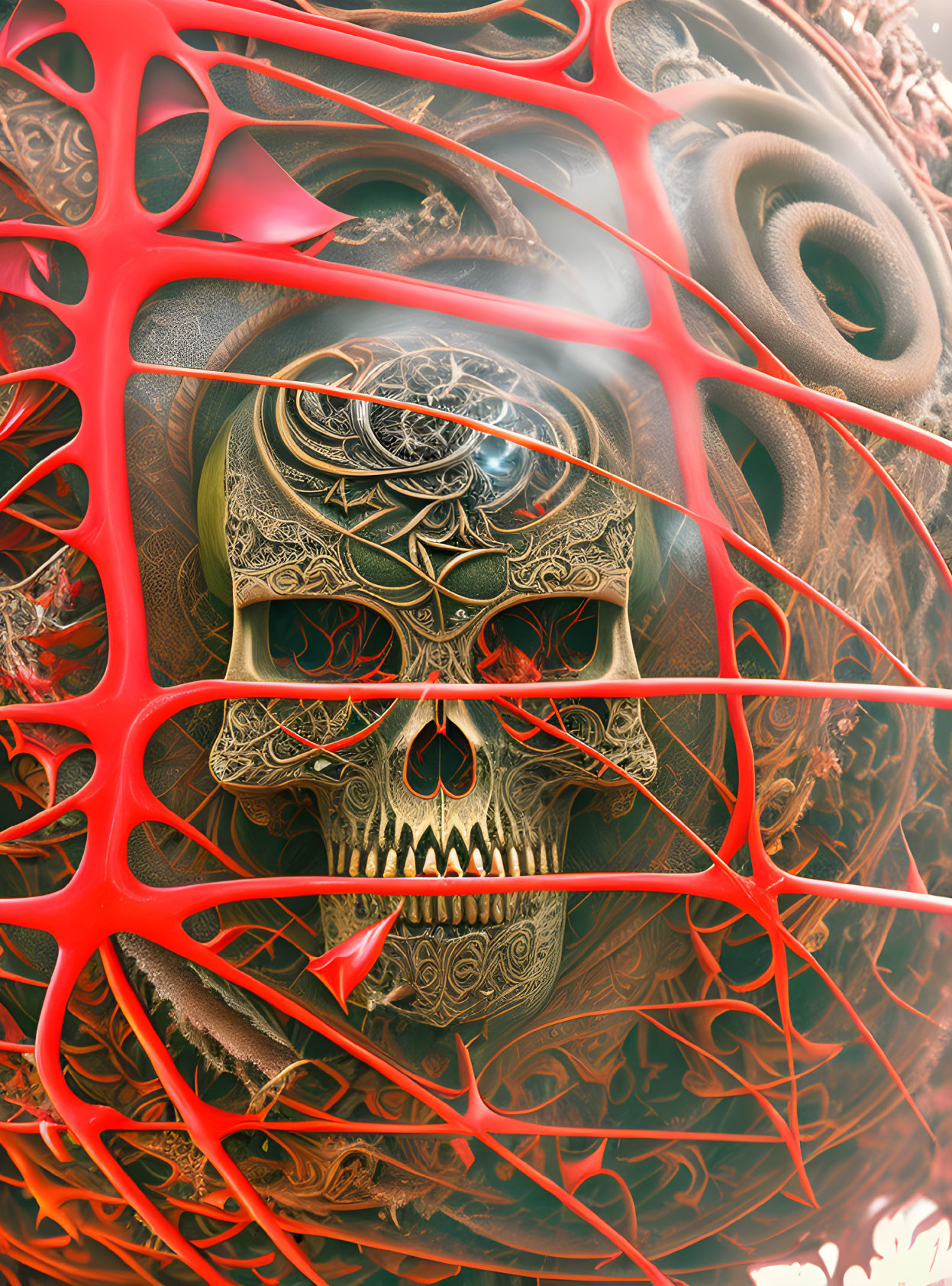 Surreal digital art: ornate skull in red web with swirling organic backdrop