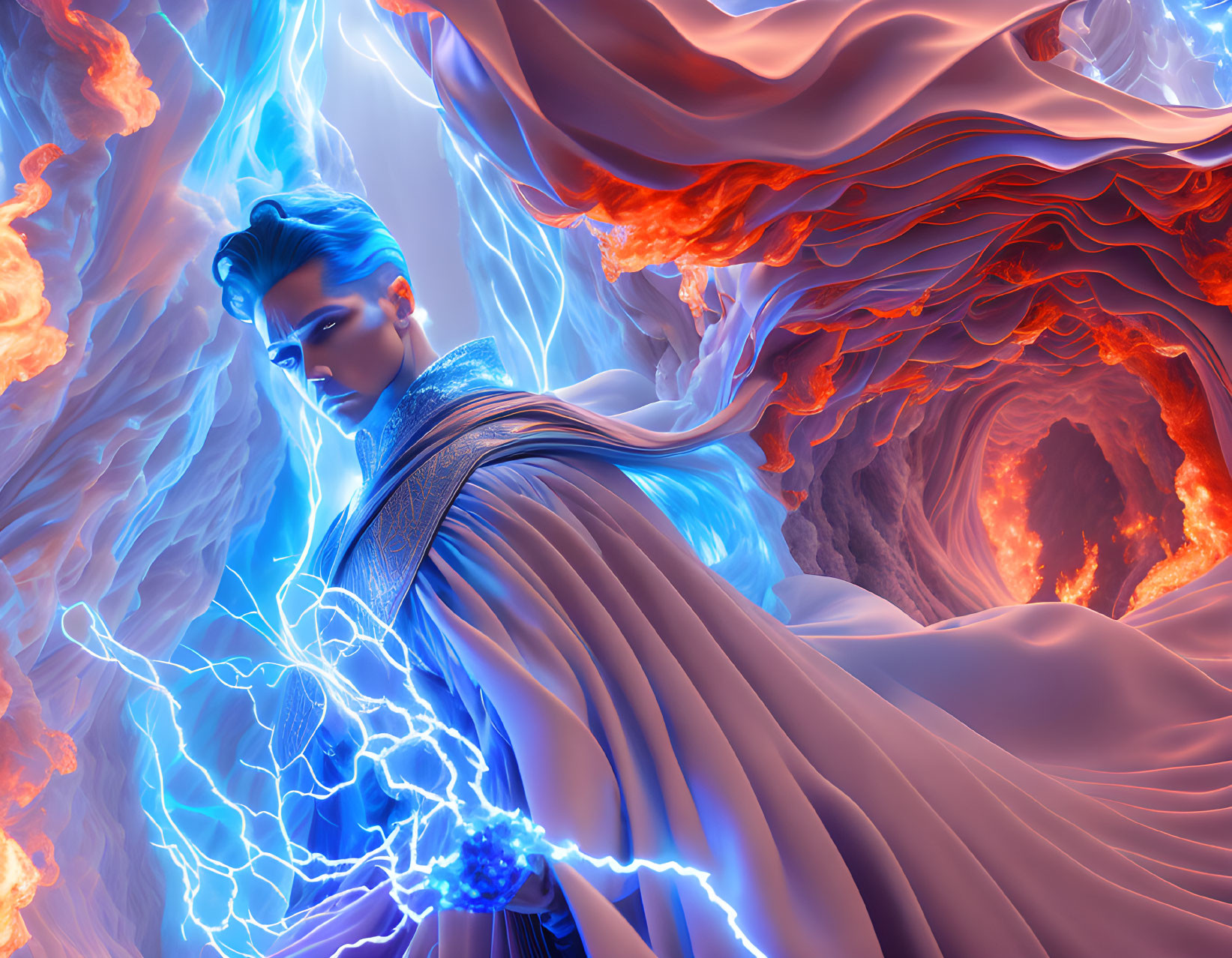 Person with Blue Skin and Hair in Flowing Cape Surrounded by Dynamic Energy Patterns