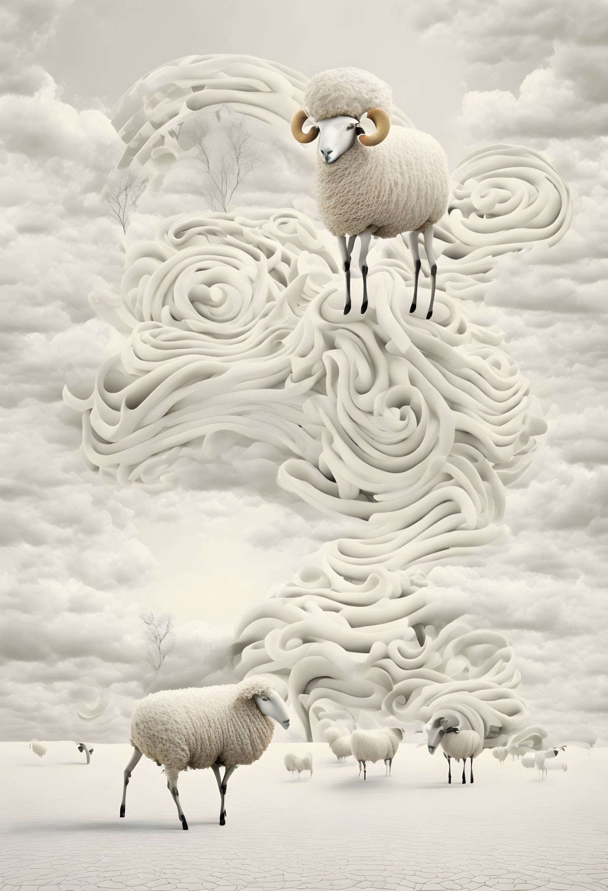 Surreal image of sheep in barren landscape with intricate cloud formation