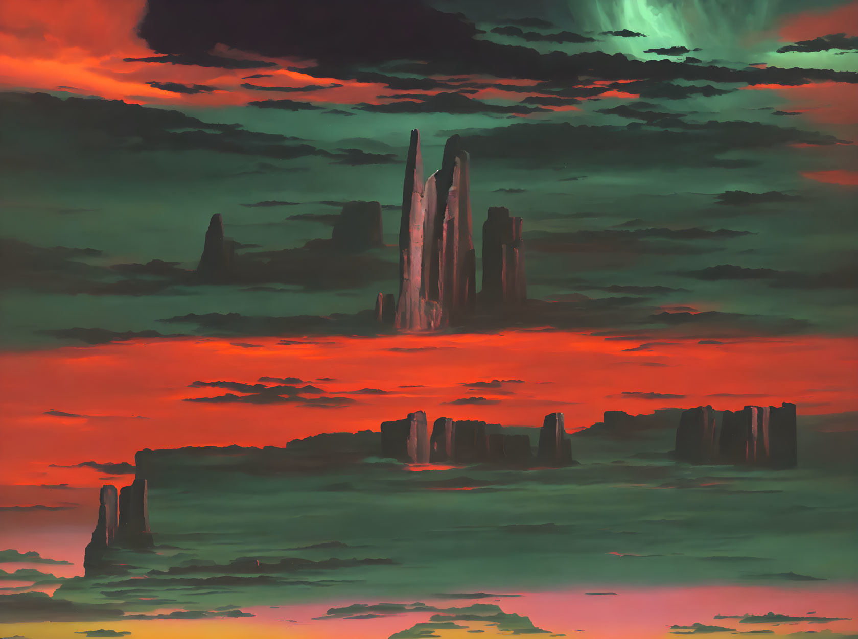 Colorful Fantasy Landscape with Towering Spires and Crimson Sky