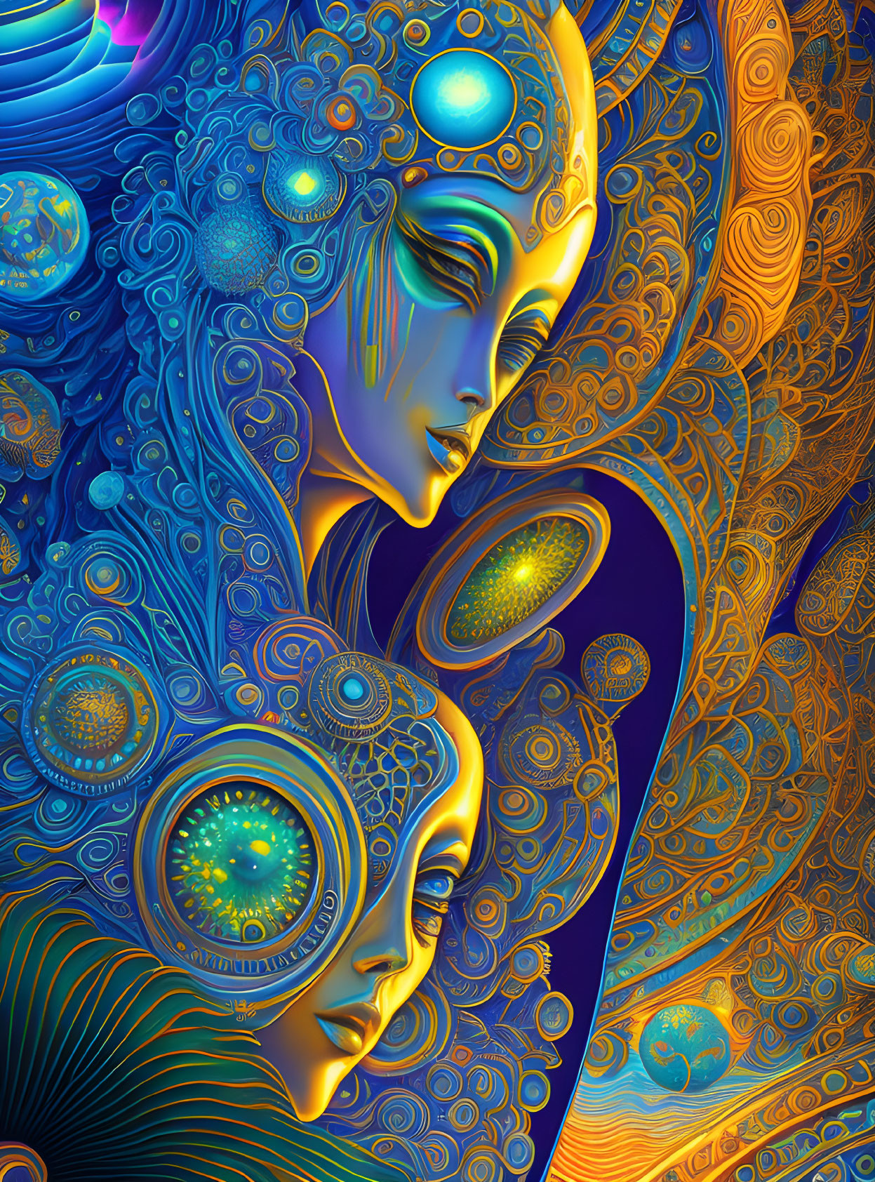 Vivid digital artwork of two faces with intricate patterns in blue and gold tones