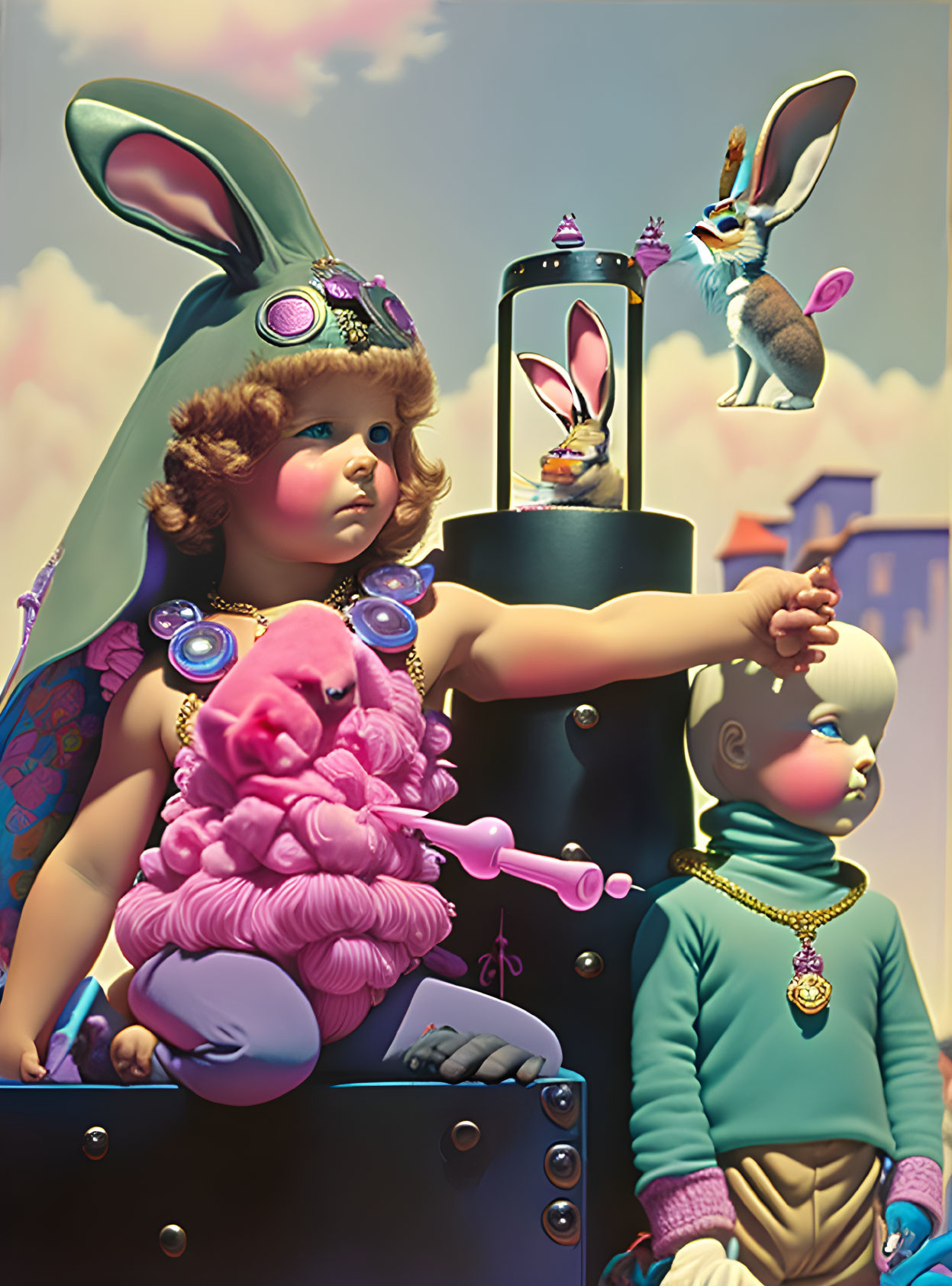 Child with rabbit-ear hat, sheep creature, doll in surreal jewelry scene