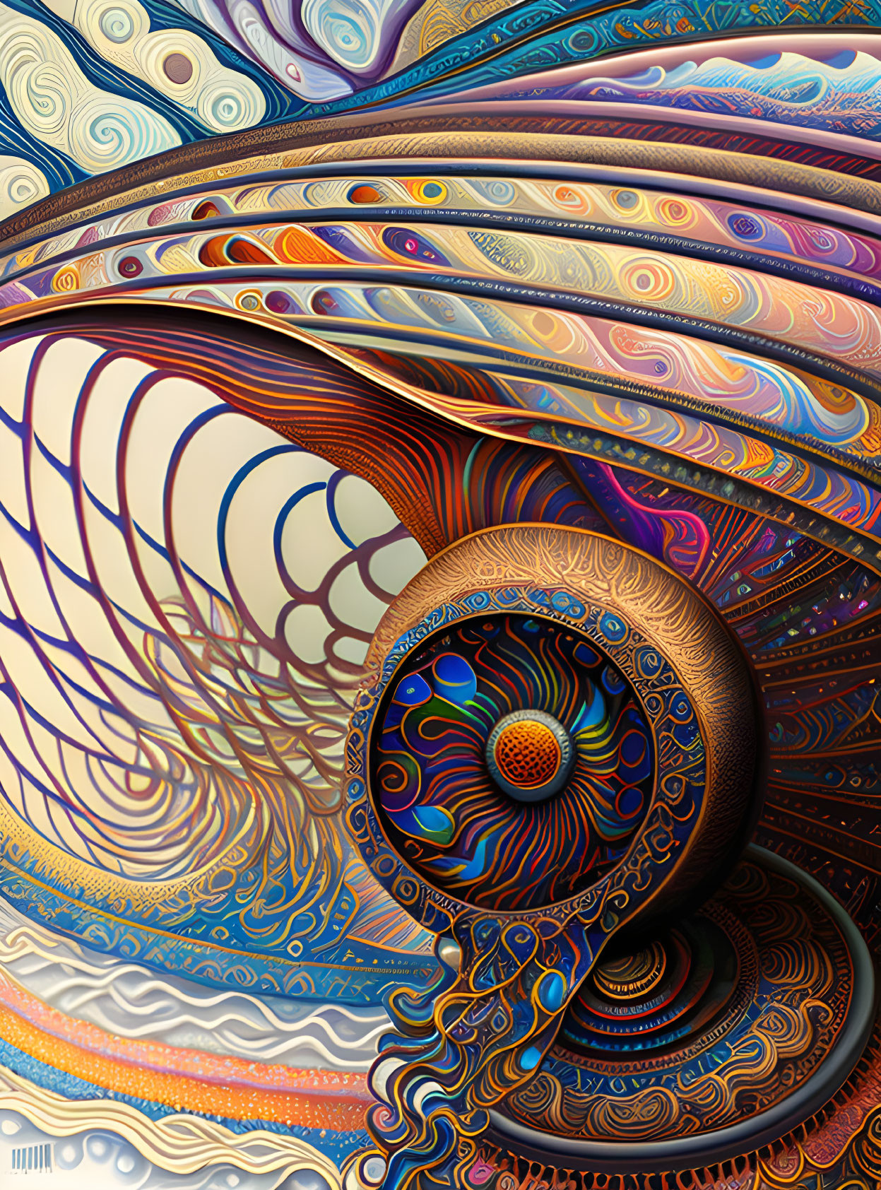Abstract digital artwork: Vibrant fractal spiral with intricate patterns in blues, oranges, and browns