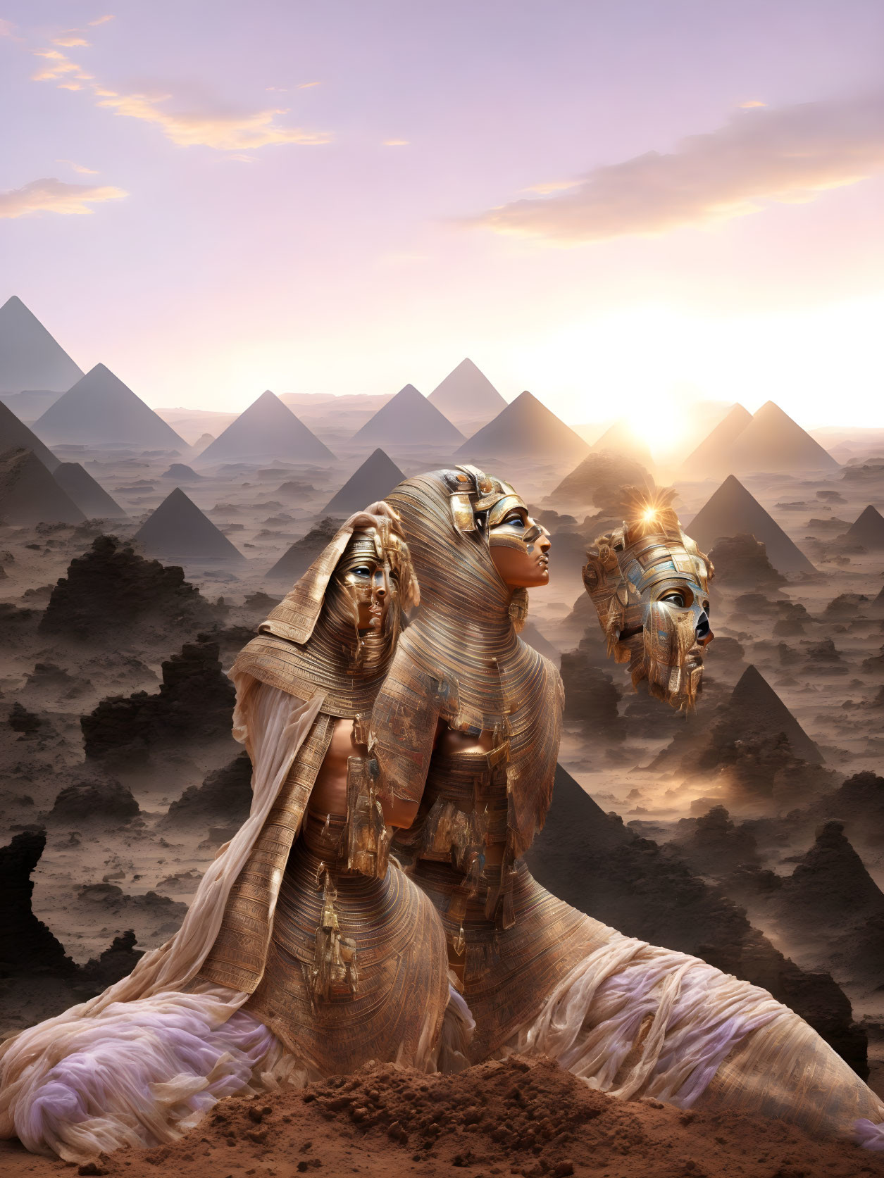 Ancient Egyptian-themed artwork with person in headdress and pyramids in desert landscape