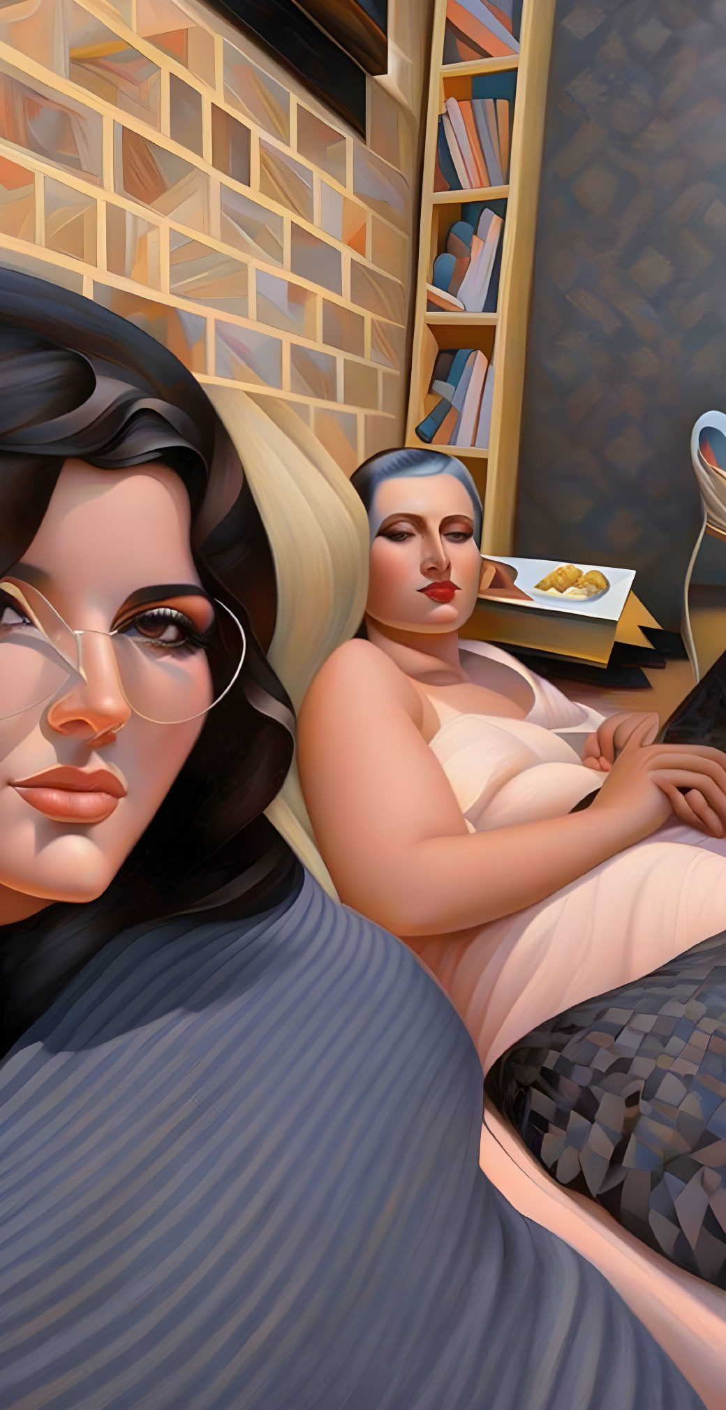 Stylized women lounging with glasses, books, and beverage
