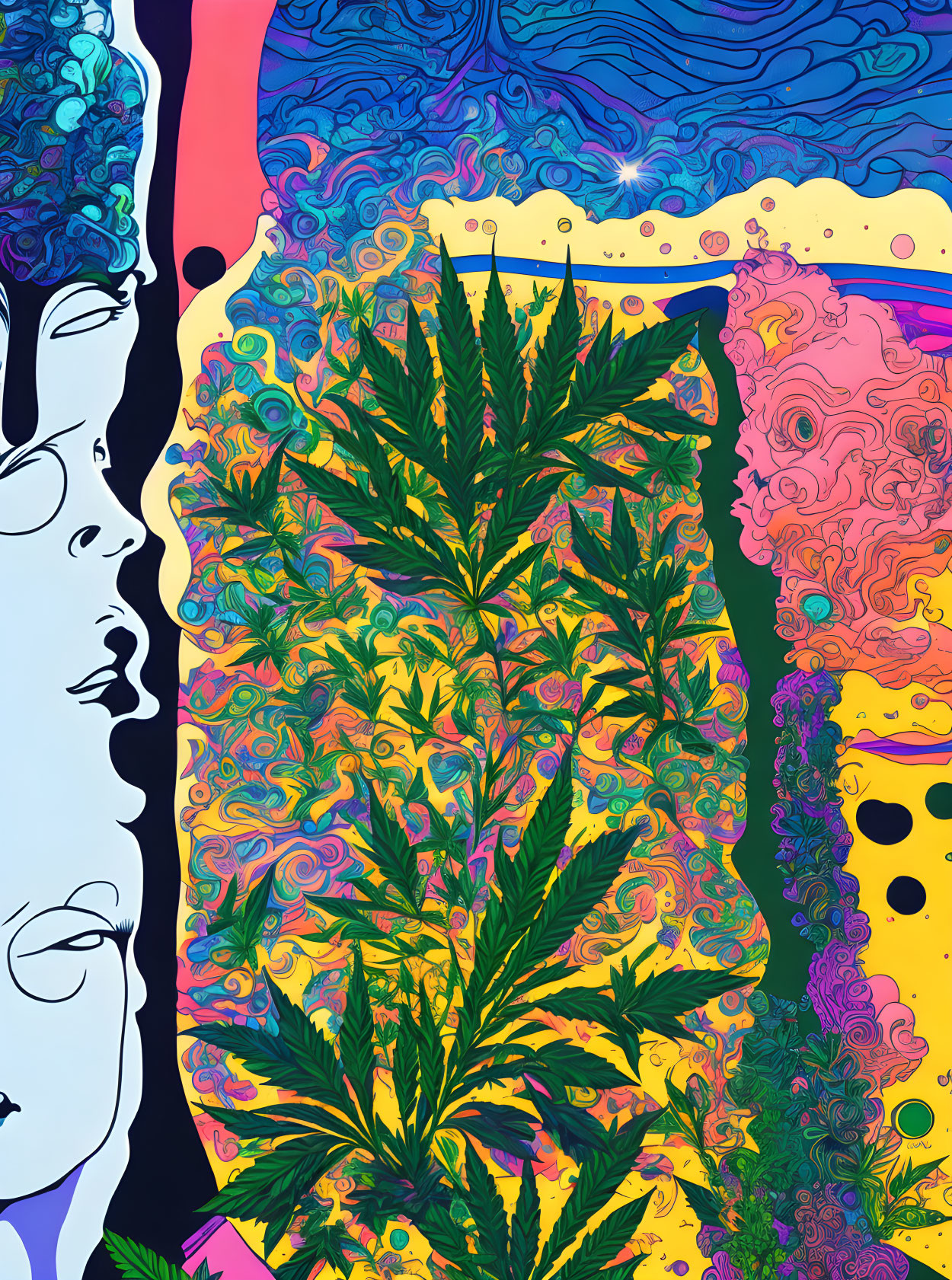 Colorful psychedelic artwork with cannabis leaf pattern and abstract faces
