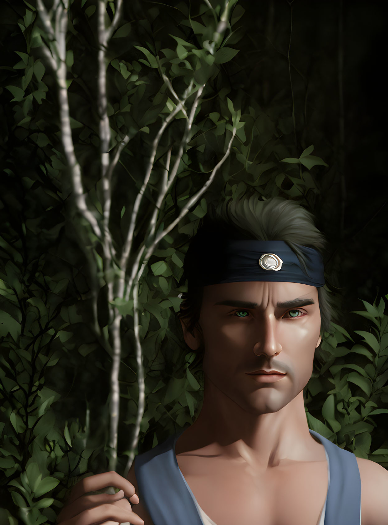 Man with circular symbol headband in forest with sunlight.