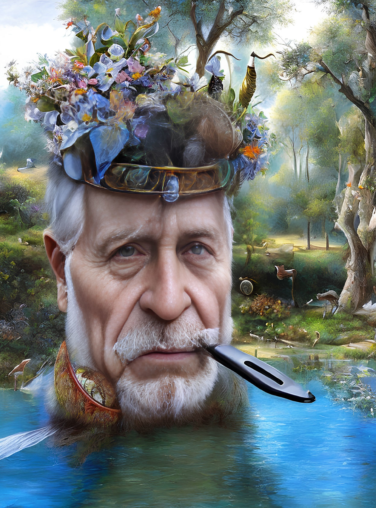 Portrait of man with floral headband in surreal nature scene