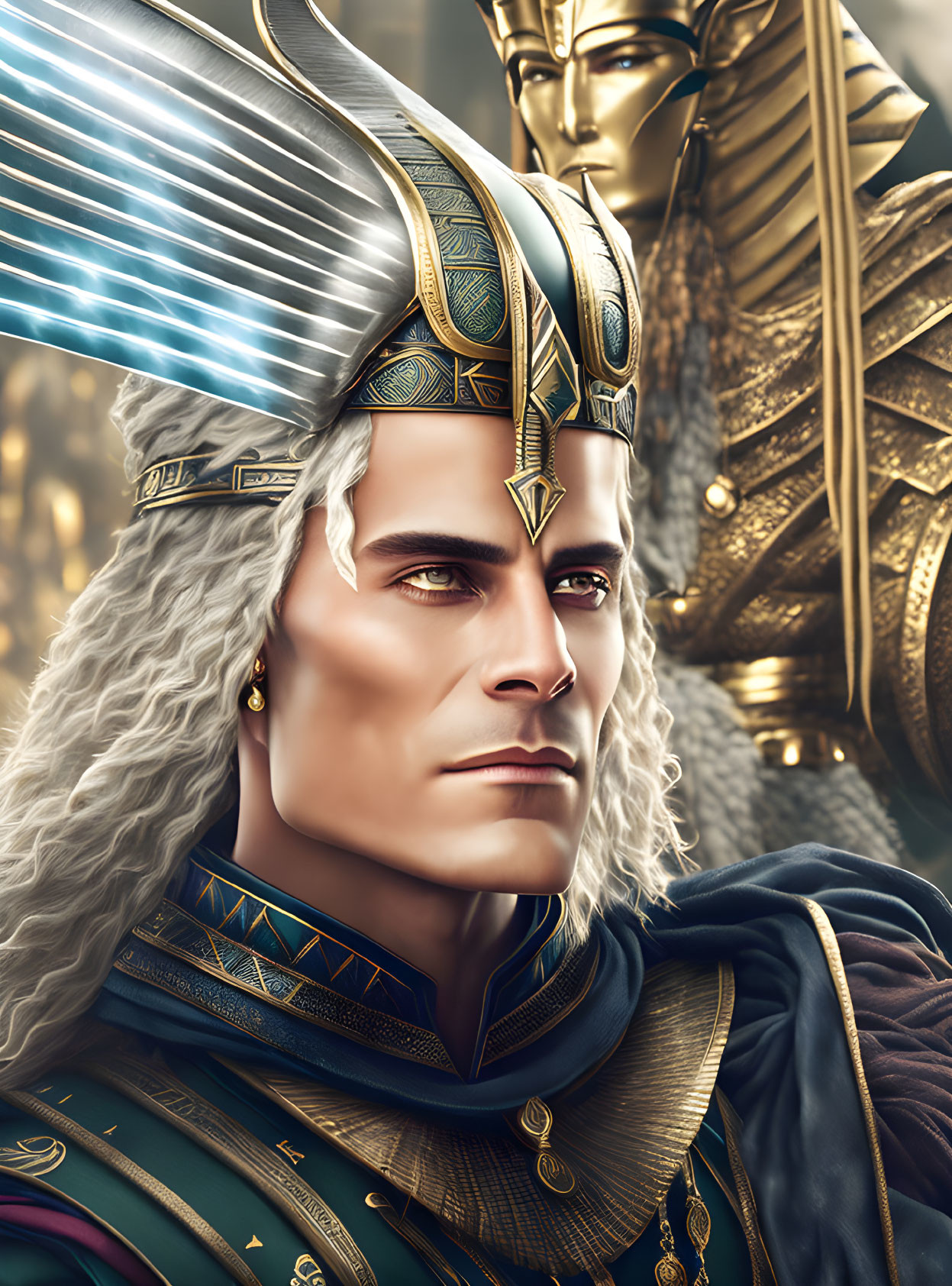 Detailed Illustration of Regal Character in Silver and Gold Winged Helmet