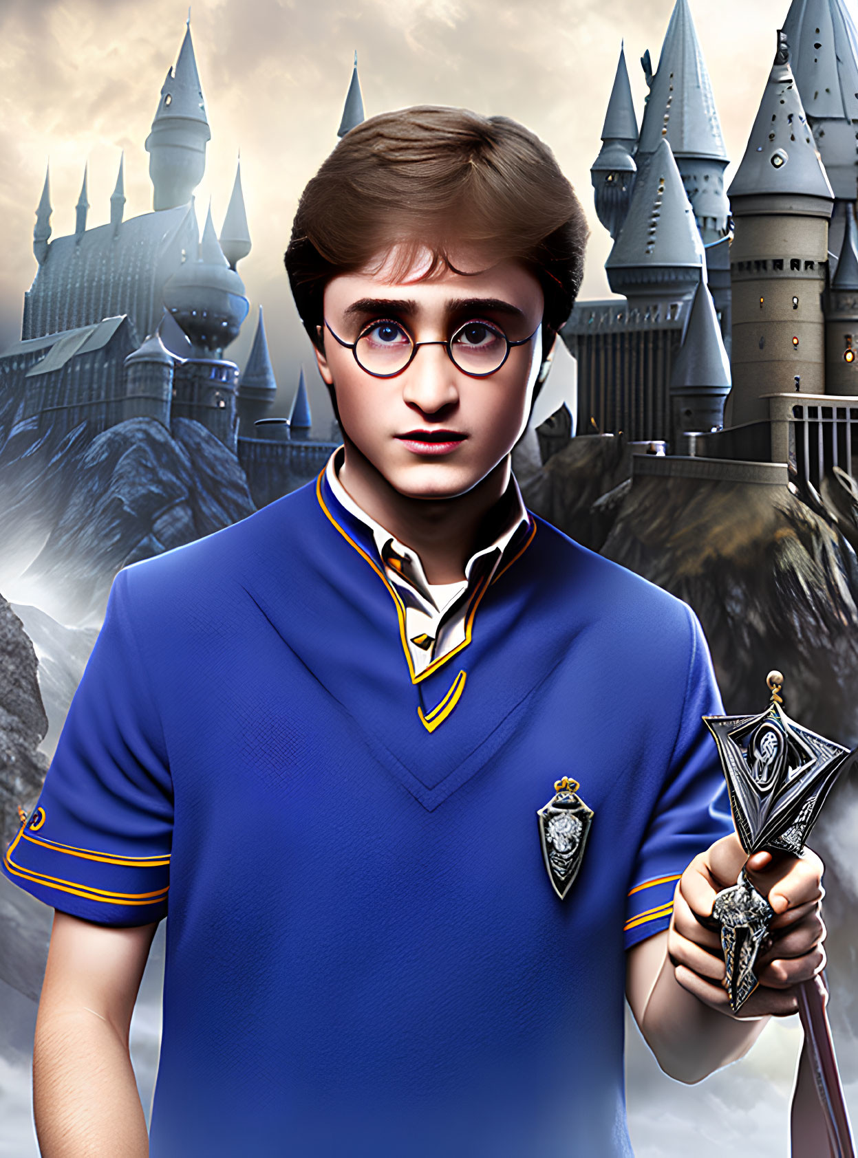 Young wizard in glasses with wand against castle backdrop