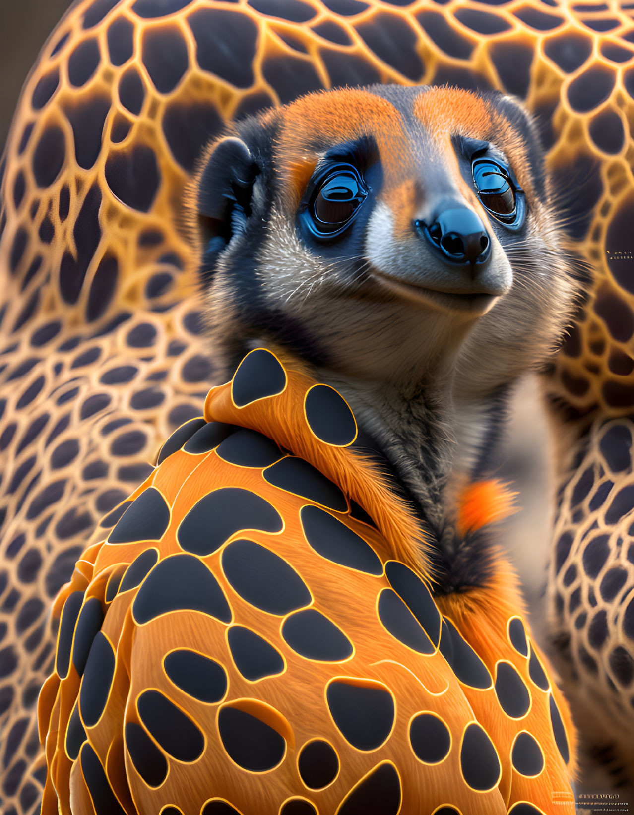 Lemur with Human-Like Eyes in Orange Cloak on Matching Background